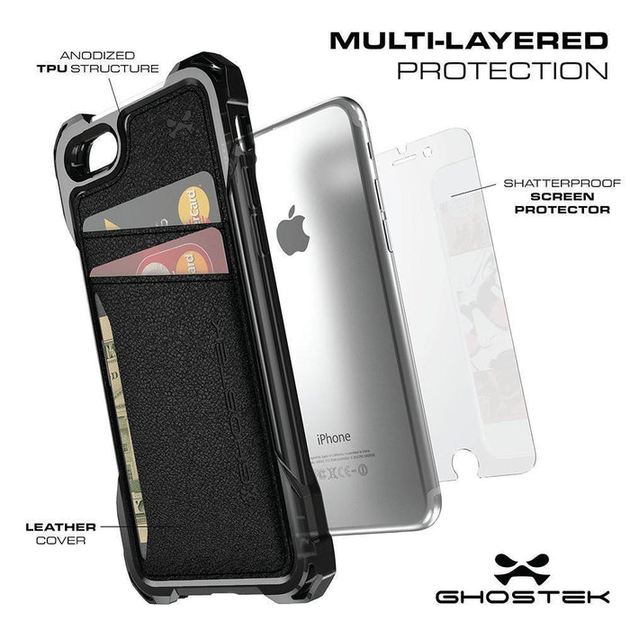 iPhone 8 Wallet Case, Ghostek Exec Gold Series | Slim Armor Hybrid Impact Bumper | TPU PU Leather Credit Card Slot Holder Sleeve Cover (Color in image: Red)