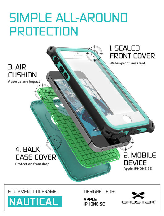 iPhone SE/5S/5 Waterproof Case, Ghostek® Nautical Teal Series| Underwater | Aluminum Frame | Ultra Fit (Color in image: Black)