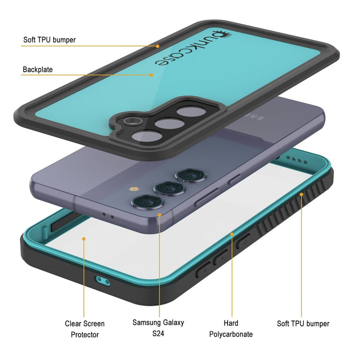 Wasserdichte Hülle für Galaxy S24, PunkCase StudStar Teal, dünn, 1,8 m, Unterwasser, IP68, stoß-/schneefest
