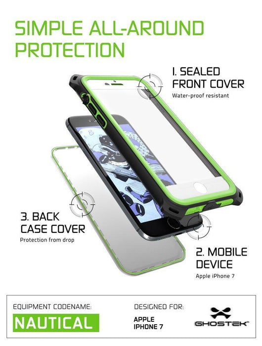 iPhone 8 Waterproof Case, Ghostek Nautical Series for iPhone 8 | Slim Underwater Protection| Adventure Duty | Ultra Fit | Swimming (Green) (Color in image: Pink)