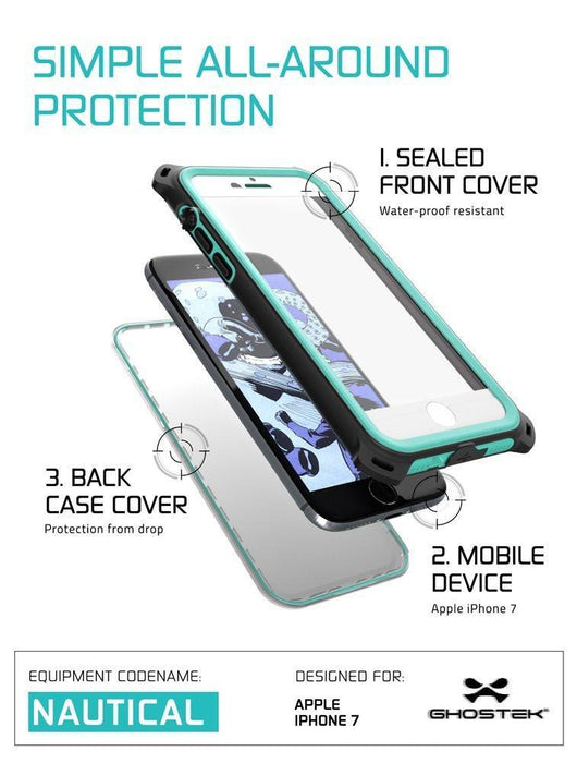 iPhone 8 Waterproof Case, Ghostek Nautical Series for iPhone 8 | Slim Underwater Protection | Adventure Duty | Ultra Fit | Swimming (Teal) (Color in image: White)