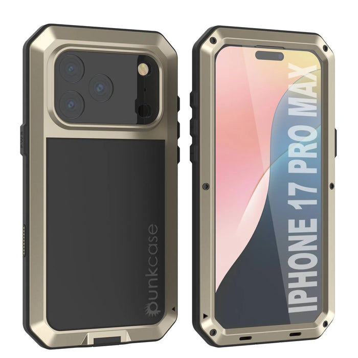 iPhone 17 Pro Max Metal Case, Heavy Duty Military Grade -Rüstungsabdeckung [Stoßdämpfer] Ganzkörper hart [Gold]