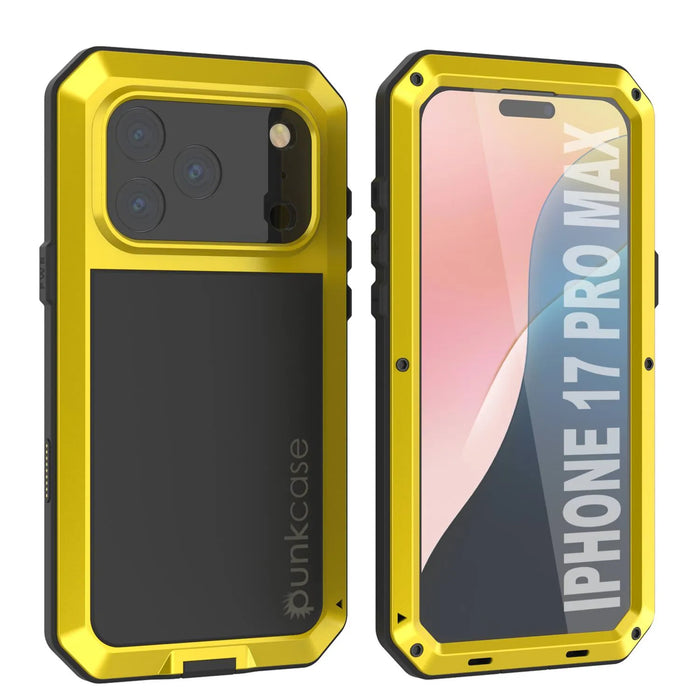 iPhone 17 Pro Max Metal Case, Heavy Duty Military Grade -Rüstungsabdeckung [Stoßdämpfer] Ganzkörper hart [Gelb]