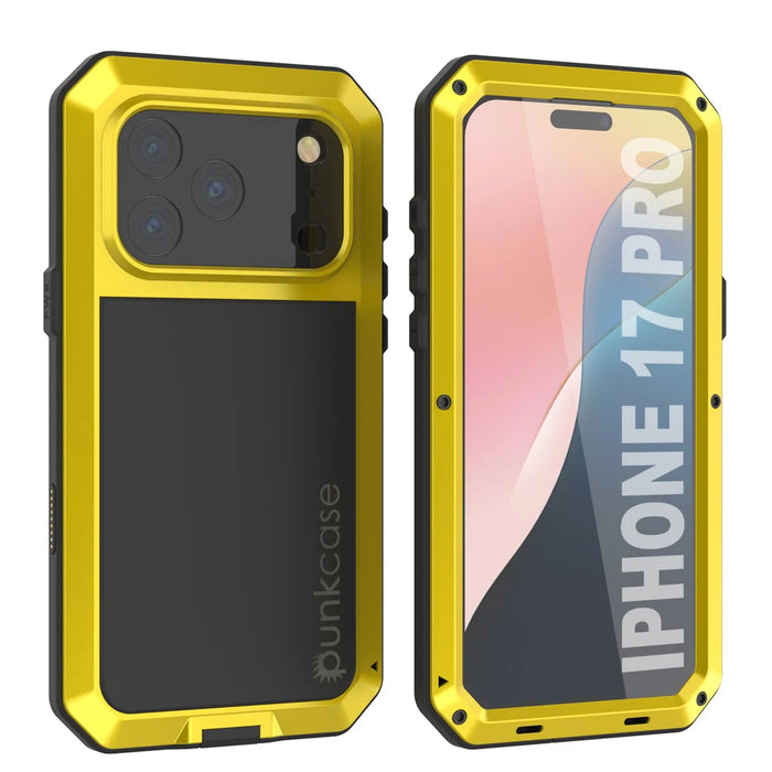 iPhone 17 Pro Metal Case, Heavy Duty Military Grade -Rüstungsabdeckung [Schocksicher] Ganzer Körper hart [Gelb]