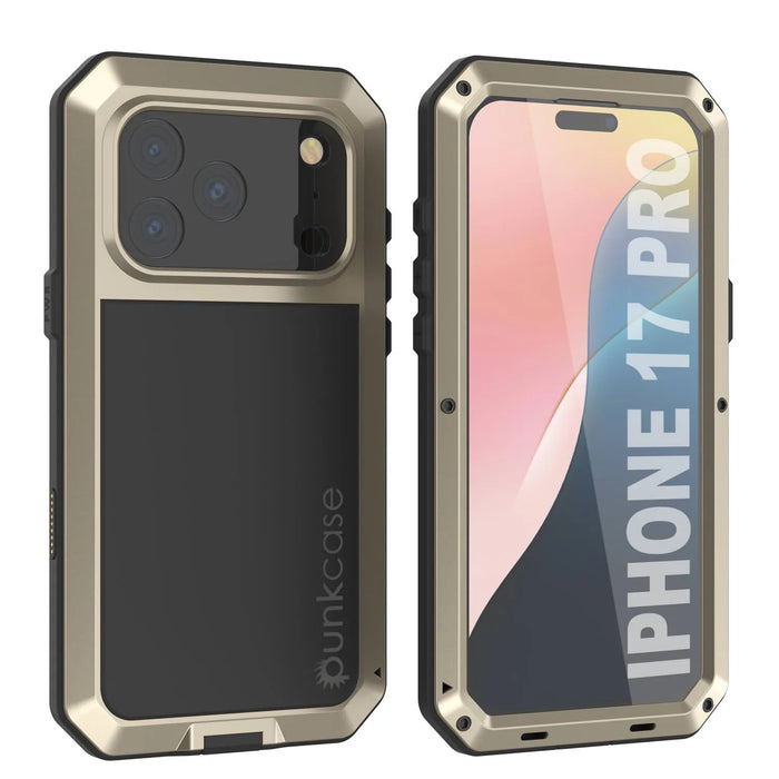 iPhone 17 Pro Metal Case, Heavy Duty Military Grade -Rüstungsabdeckung [Schocksicher] Ganzkörper hart [Gold]