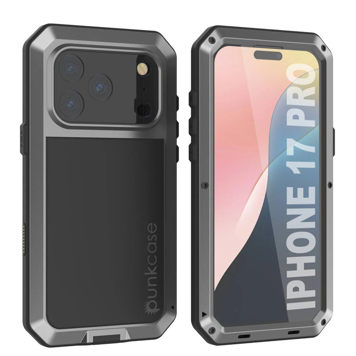 iPhone 17 Pro Metal Case, Heavy Duty Military Grade Rüstungsabdeckung [Schocksicher] Ganzkörper hart [Silber]