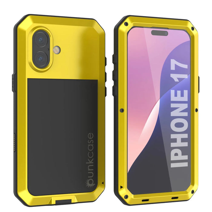 iPhone 17 Metallkoffer, Heavy Duty Military Grade Rüstungsabdeckung [Schocksicher] Ganzkörper hart [Gelb]