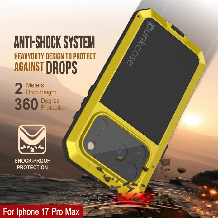 iPhone 17 Pro Max Metal Case, Heavy Duty Military Grade -Rüstungsabdeckung [Stoßdämpfer] Ganzkörper hart [Gelb]