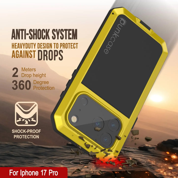 iPhone 17 Pro Metal Case, Heavy Duty Military Grade -Rüstungsabdeckung [Schocksicher] Ganzer Körper hart [Gelb]