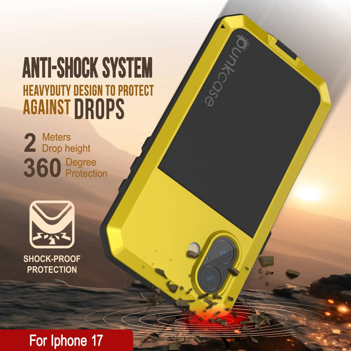 iPhone 17 Metallkoffer, Heavy Duty Military Grade Rüstungsabdeckung [Schocksicher] Ganzkörper hart [Gelb]