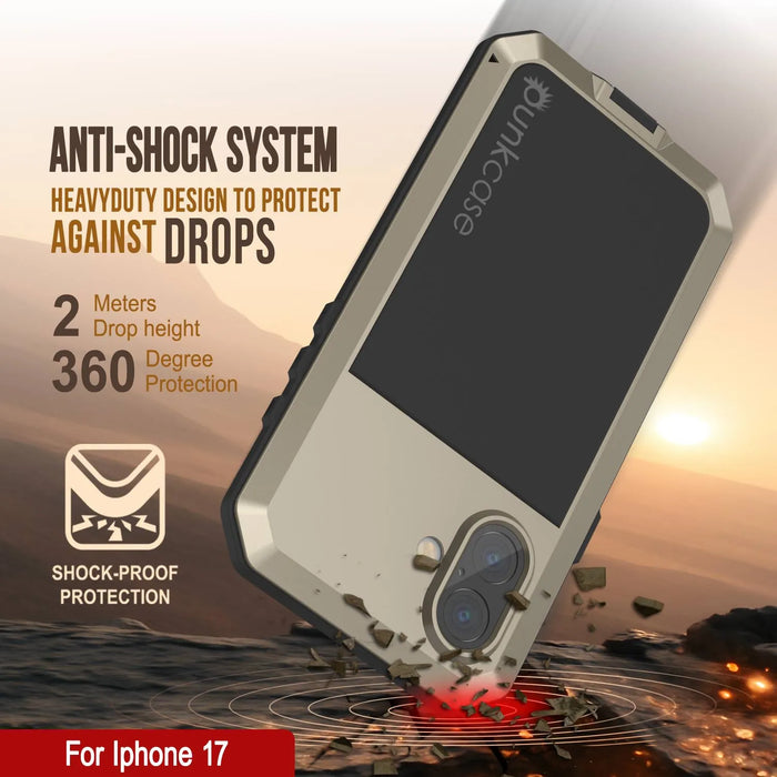 iPhone 17 Metallkoffer, Heavy Duty Military Grade Rüstungsabdeckung [Schocksicher] Ganzkörper hart [Gold]