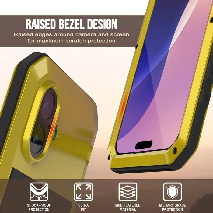 iPhone 17 Metallkoffer, Heavy Duty Military Grade Rüstungsabdeckung [Schocksicher] Ganzkörper hart [Gelb]