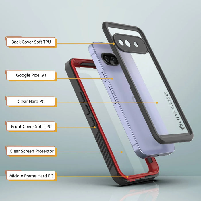 Google Pixel 9A Water of Case, PunkCase [Extreme Series] Panzerabdeckung mit integriertem Bildschirmschutz [Rot]