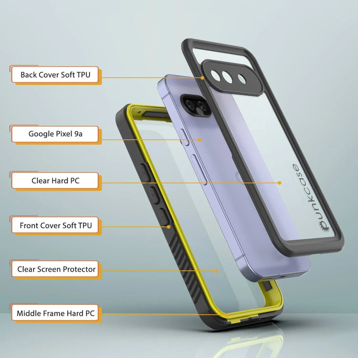 Google Pixel 9A Water of Case, PunkCase [Extreme Series] Panzerabdeckung mit integriertem Bildschirmschutz [Gelb]