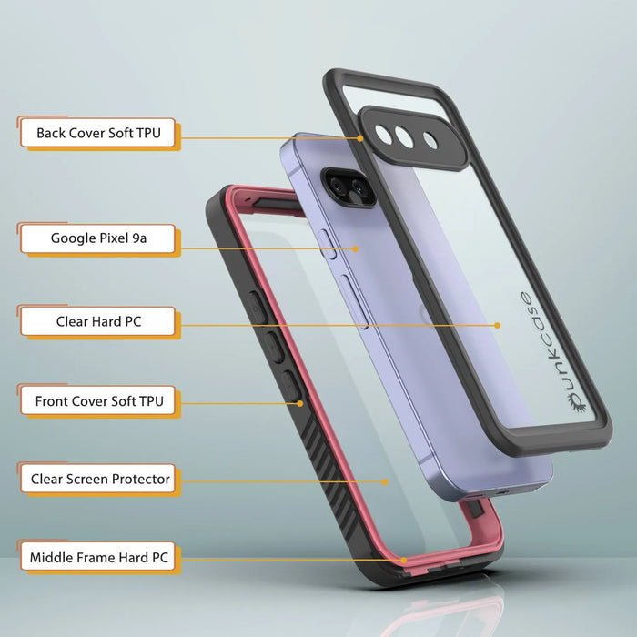 Google Pixel 9A Water of Case, PunkCase [Extreme Series] Panzerabdeckung mit integriertem Bildschirmschutz [Pink]