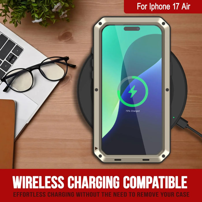iPhone 17 Air Metal Case, Heavy Duty Military Grade -Rüstungsabdeckung [Stoßdämpfer] Ganzkörper hart [Gold]