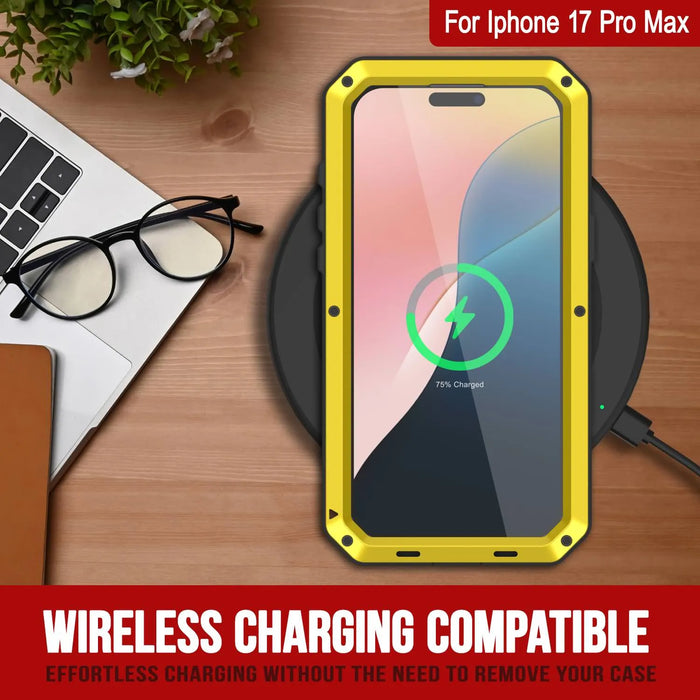 iPhone 17 Pro Max Metal Case, Heavy Duty Military Grade -Rüstungsabdeckung [Stoßdämpfer] Ganzkörper hart [Gelb]