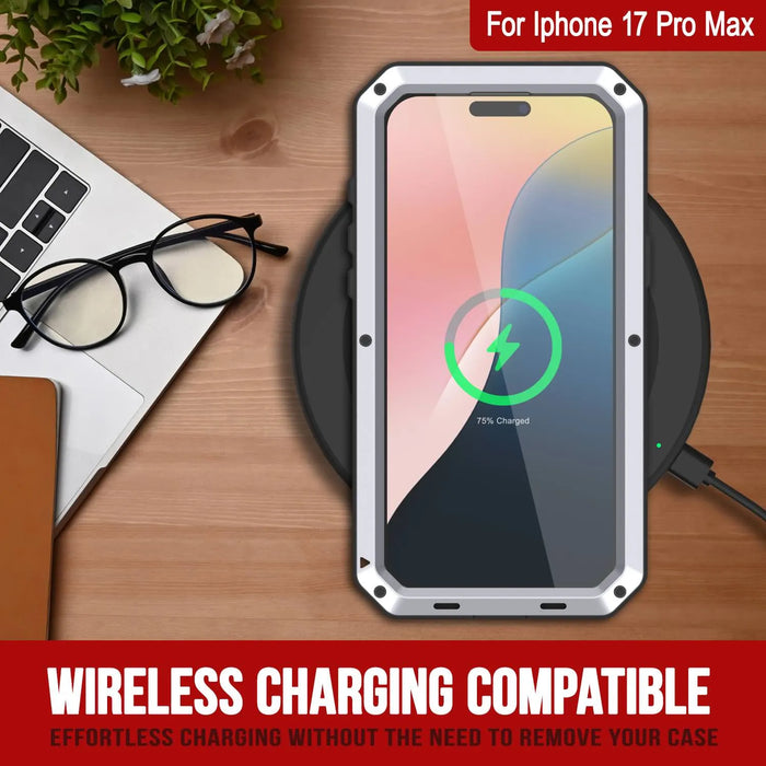 iPhone 17 Pro Max Metal Case, Heavy Duty Military Grade -Rüstungsabdeckung [Stoßdämpfer] Ganzkörper hart [Weiß]