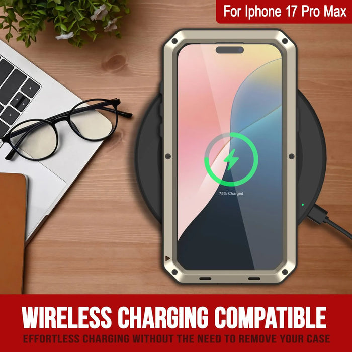 iPhone 17 Pro Max Metal Case, Heavy Duty Military Grade -Rüstungsabdeckung [Stoßdämpfer] Ganzkörper hart [Gold]