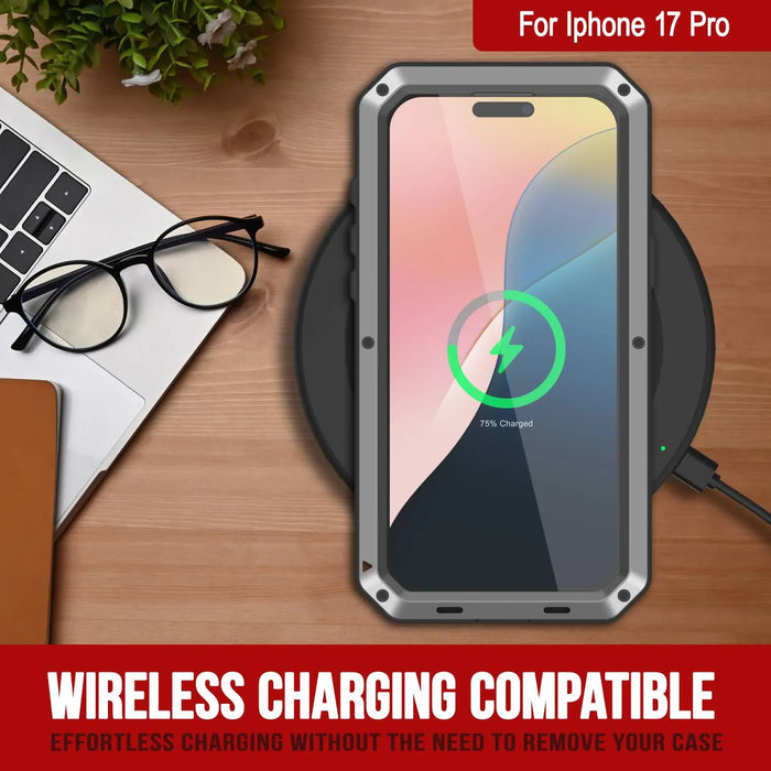 iPhone 17 Pro Metal Case, Heavy Duty Military Grade Rüstungsabdeckung [Schocksicher] Ganzkörper hart [Silber]