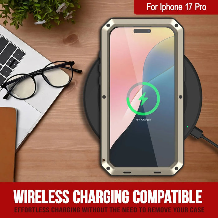 iPhone 17 Pro Metal Case, Heavy Duty Military Grade -Rüstungsabdeckung [Schocksicher] Ganzkörper hart [Gold]