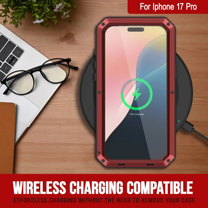 iPhone 17 Pro Metal Case, Heavy Duty Military Grade -Rüstungsabdeckung [Schocksicher] Ganzkörper hart [rot]