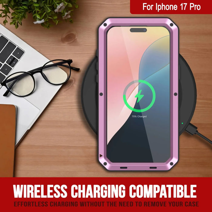 iPhone 17 Pro Metal Case, Heavy Duty Military Grade -Rüstungsabdeckung [Schocksicher] Ganzkörper hart [Pink]
