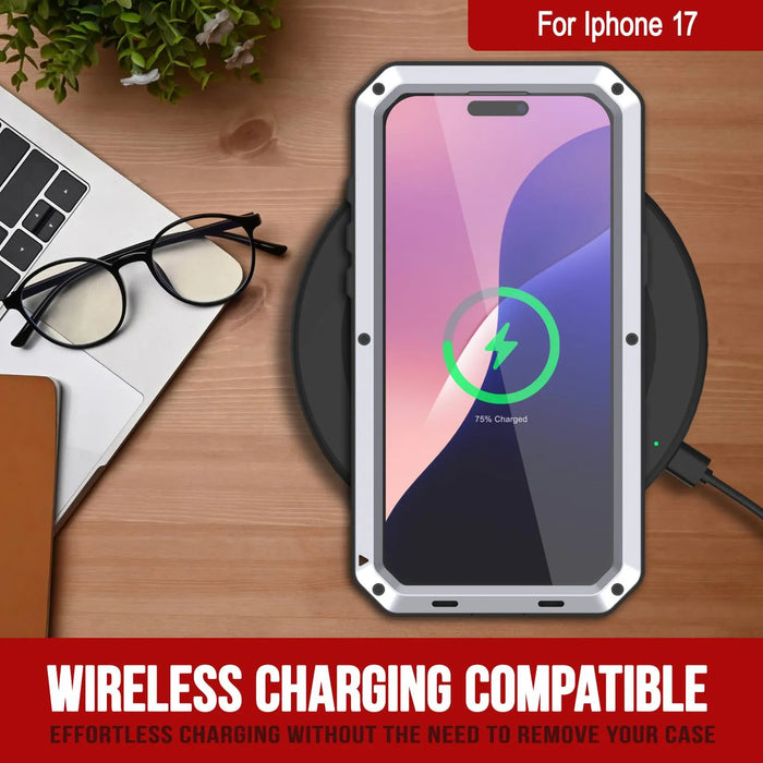 iPhone 17 Metallkoffer, Heavy Duty Military Grade Rüstungsabdeckung [Schocksicher] Ganzkörper hart [weiß]