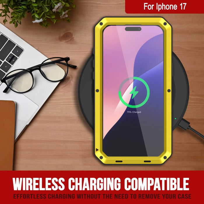 iPhone 17 Metallkoffer, Heavy Duty Military Grade Rüstungsabdeckung [Schocksicher] Ganzkörper hart [Gelb]