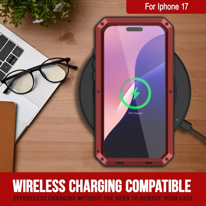iPhone 17 Metallkoffer, Heavy Duty Military Grade Rüstungsabdeckung [Schocksicher] Ganzkörper hart [rot]