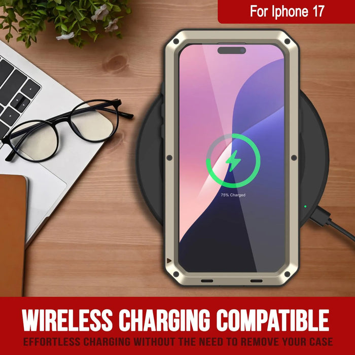 iPhone 17 Metallkoffer, Heavy Duty Military Grade Rüstungsabdeckung [Schocksicher] Ganzkörper hart [Gold]