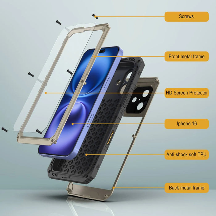 iPhone 16 Metal Extreme 3.0 -Serie Aluminium Wateref of Case IP68 W/Buillt im Bildschirmschutz und Kickstand [Gold]
