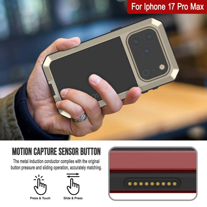 iPhone 17 Pro Max Metal Case, Heavy Duty Military Grade -Rüstungsabdeckung [Stoßdämpfer] Ganzkörper hart [Gold]
