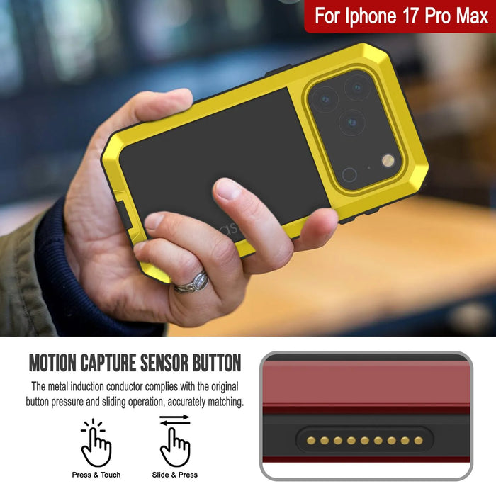 iPhone 17 Pro Max Metal Case, Heavy Duty Military Grade -Rüstungsabdeckung [Stoßdämpfer] Ganzkörper hart [Gelb]