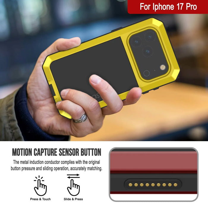 iPhone 17 Pro Metal Case, Heavy Duty Military Grade -Rüstungsabdeckung [Schocksicher] Ganzer Körper hart [Gelb]