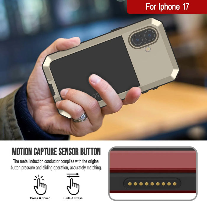 iPhone 17 Metallkoffer, Heavy Duty Military Grade Rüstungsabdeckung [Schocksicher] Ganzkörper hart [Gold]