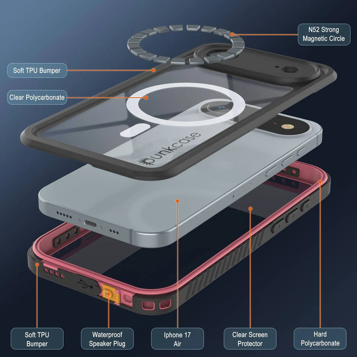 iPhone 17 Luftwaterdichte Hülle, Punkcase [Extreme Series] Panzerabdeckung mit integriertem Bildschirmschutz [Pink]