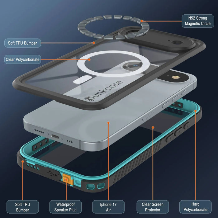 iPhone 17 Luftwaterdichte Hülle, Punkcase [Extreme Series] Panzerabdeckung mit integriertem Bildschirmschutz [Teal]