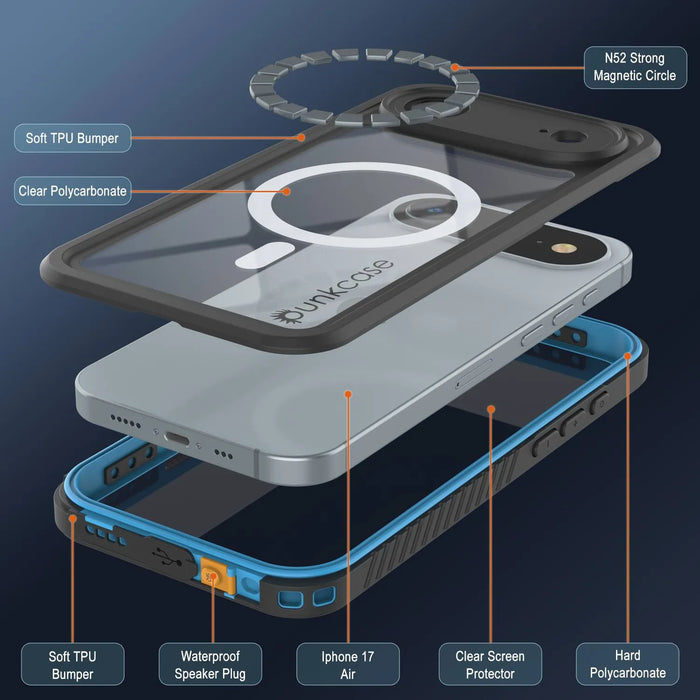 iPhone 17 Luftwaterdichte Hülle, Punkcase [Extreme Series] Panzerabdeckung mit integriertem Bildschirmschutz [hellblau]