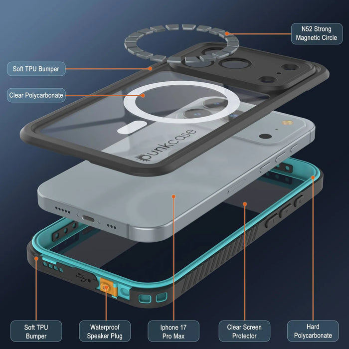 iPhone 17 Pro Max Water of Water of Case, PunkCase [Extreme Mag -Serie] Panzerabdeckung mit integriertem Bildschirmschutz [Teal]