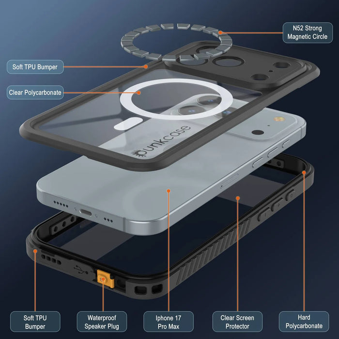 iPhone 17 Pro Max Water of Water of Case, PunkCase [Extreme Mag -Serie] Panzerabdeckung mit integriertem Bildschirmschutz [Schwarz]