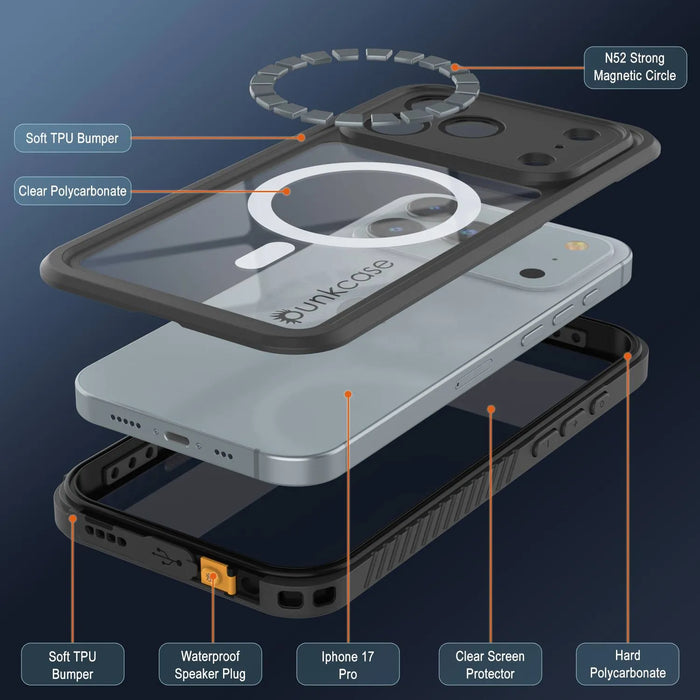 iPhone 17 Pro Water of Case, PunkCase [Extrem Mag -Serie] Rüstungsabdeckung mit integriertem Bildschirmschutz [Schwarz]