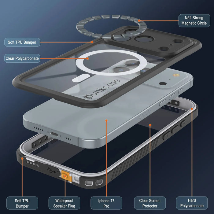 iPhone 17 Pro Water of Washof Case, PunkCase [Extreme Series] Panzerabdeckung mit integriertem Bildschirmschutz [Weiß]