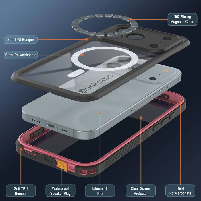 iPhone 17 Pro Water of Case, PunkCase [Extreme Mag -Serie] Panzerabdeckung mit integriertem Bildschirmschutz [Pink]