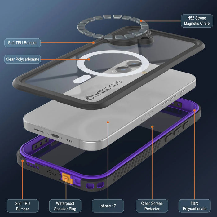 iPhone 17 wasserdichte Hülle, PunkCase [Extrem Mag -Serie] Rüstungsabdeckung mit integriertem Bildschirmschutz [lila]