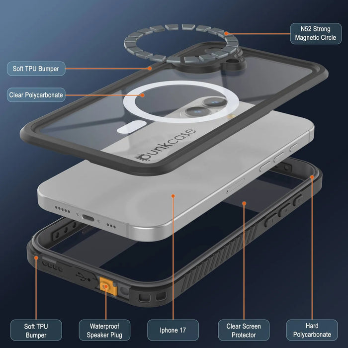 iPhone 17 wasserdichte Hülle, Punkcase [Extrem Mag -Serie] Rüstungsabdeckung mit integriertem Bildschirmschutz [Gray]