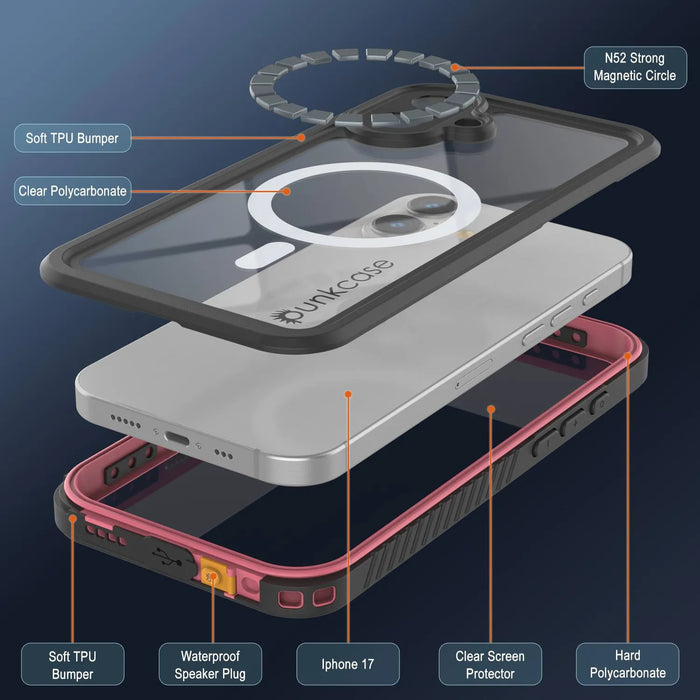 iPhone 17 wasserdichte Hülle, PunkCase [Extrem Mag -Serie] Rüstungsabdeckung mit integriertem Bildschirmschutz [Pink]
