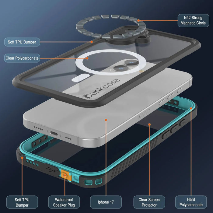 iPhone 17 wasserdichte Hülle, PunkCase [Extrem Mag -Serie] Rüstungsabdeckung mit integriertem Bildschirmschutz [Teal]