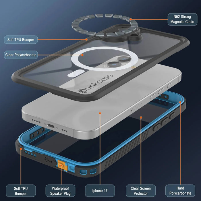iPhone 17 wasserdichte Hülle, PunkCase [Extrem Mag -Serie] Rüstungsabdeckung mit integriertem Bildschirmschutz [Blau]