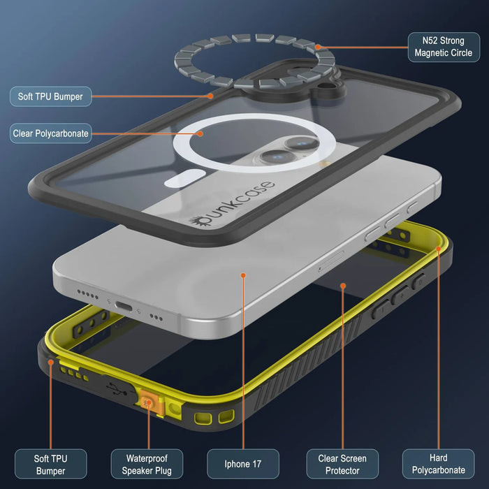 iPhone 17 wasserdichte Hülle, Punkcase [Extrem Mag -Serie] Rüstungsabdeckung mit integriertem Bildschirmschutz [gelb]